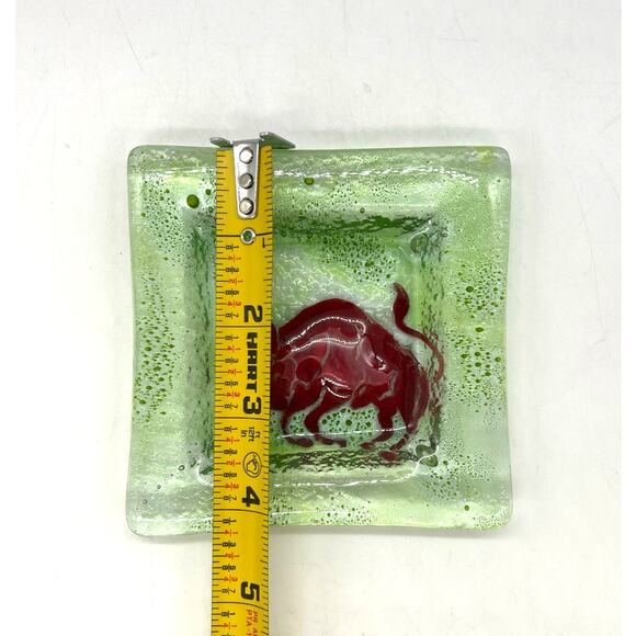 Opalo Vidrio Reposado Al Fuego Green Fused Art Glass Trinket Dish Bull Taurus 4" - Picture 4 of 10